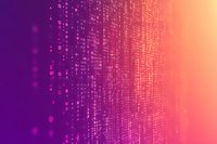 Digital binary code matrix on gradient purple and orange background with glowing particles, representing data flow and technology advancement.