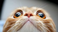Close up view of ginger cat face with big bright orange eyes and pink nose looking up at camera, creating humorous expression against blurred background.