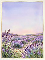 Watercolor lavender field landscape with purple flowers blooming under soft pastel sky, peaceful countryside scene for relaxation and wellness themes.