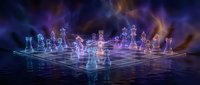 Glowing translucent chess pieces on board with cosmic nebula background creating magical strategic game atmosphere for fantasy gaming concepts.