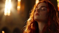 Young woman with flowing red hair in dramatic lighting, eyes closed in serene expression against warm bokeh background, showcasing natural beauty and peaceful moment.