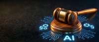 Wooden judge gavel on digital circuit board with glowing AI text and electronic patterns representing artificial intelligence in legal technology and jurisprudence.