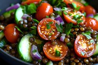 Fresh lentil salad with cherry tomatoes, cucumber, red onion and parsley in dark bowl, macro food photography with natural lighting.
