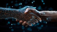 Digital handshake with glowing particles representing AI technology partnership, business collaboration, and futuristic connectivity in cyberspace.