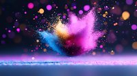 Colorful powder explosion in pink, blue and gold against dark background with bokeh lights and glitter particles creating magical atmosphere.