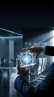 Businessman hands holding glowing digital brain hologram in modern office environment representing artificial intelligence and innovation technology.
