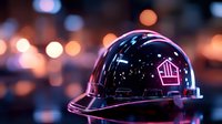Glossy black hard hat with glowing neon pink house icon on dark bokeh background, symbolizing smart construction and real estate innovation.