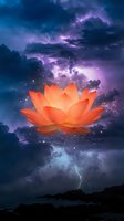 Glowing orange lotus flower floating in dramatic stormy sky with lightning and sparkling lights for spiritual meditation and wellness designs.