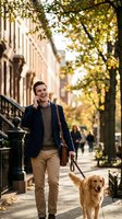 Man walking dog on urban street during autumn, talking on phone while strolling with golden retriever under fall foliage trees in city neighborhood.