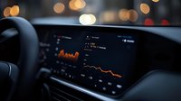 Modern car dashboard display showing financial market data and graphs with blurred bokeh lights in background, captured during evening drive.