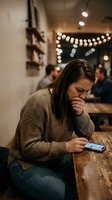 Young woman using smartphone in cozy cafe with warm lighting and bokeh background. Modern lifestyle and digital communication concept.