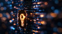 Glowing key hole symbol on digital matrix background with blue and orange bokeh lights, representing cybersecurity and data protection concepts.