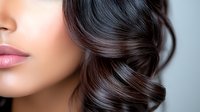 Close-up of glossy dark wavy hair and pink lips on Asian woman with flawless skin showing professional hairstyling and beauty treatment results.