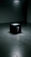 Black cube with white question mark in dark room under spotlight beam creating mystery and uncertainty atmosphere for business concepts.