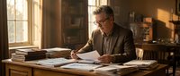 Middle-aged Caucasian male professional, wearing glasses and brown blazer, focused on writing at wooden desk surrounded by books and documents in warm-lit study room. Suitable for business, education, and professional content.