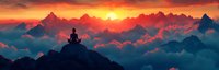 Silhouette of person meditating on mountain peak at sunset, dramatic orange sky and clouds above mountain range, panoramic spiritual wellness scene.