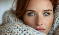 Close up portrait of young woman with red hair, freckles and striking blue eyes wrapped in knitted scarf. Natural beauty and fashion concept.