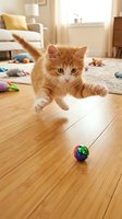 Playful orange tabby kitten pouncing on colorful toy ball in bright living room with wooden floor, scattered toys, and cozy furniture in background. Perfect for pet care, animal behavior, and lifestyle content.