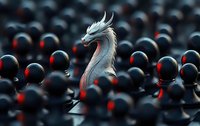 Mystical white dragon emerging from dark spheres with glowing red accents, creating dramatic contrast in surreal fantasy scene. Artistic digital composition.