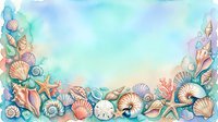 Watercolor seashell border frame with starfish, coral, and sand dollar on soft pastel ocean background, copy space for text or design.
