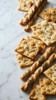 Assorted crispy crackers and breadsticks with rosemary and sesame seeds arranged on white marble surface for food styling and culinary content.