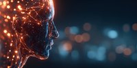 Digital human profile with glowing network connections against blurred city lights background, representing artificial intelligence and future technology.