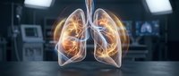 Glowing lungs with golden light effect displayed in medical laboratory setting with advanced equipment and monitors in background.