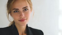 Portrait of young blonde woman with blue eyes wearing black blazer against white background, soft natural lighting highlighting facial features.
