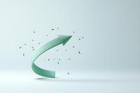 Curved mint green arrow surrounded by floating particles against light background, symbolizing growth, recovery and positive transformation dynamics.