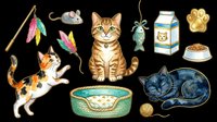 Watercolor cat clipart set with cats, toys, food, and accessories isolated on transparent background. Great for stickers, t-shirt design, and print on demand.