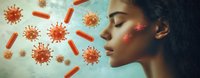 Young African American woman with closed eyes in profile view surrounded by floating coronavirus and bacteria cells against ethereal background. Medical concept.
