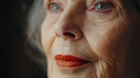 Mature woman with gray hair and red lipstick, close-up portrait showing facial features and skin texture for aging, beauty, and lifestyle content.