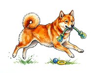 Shiba Inu dog with red and white coat playing with toy rope on white background, isolated clipart for design projects.
