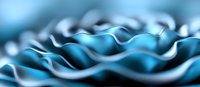 Abstract blue wavy surface with soft curves and shadows creating dynamic flowing pattern. Metallic sheen and gradient lighting effects add depth and movement.