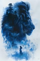 Mystical double exposure artwork combining lion profile with misty forest landscape and silhouette of person walking. Blue monochromatic design creates dreamy atmosphere.