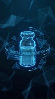 Futuristic holographic vaccine vial with digital immunization text and geometric elements on dark blue polygonal background for medical technology concepts.