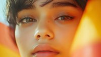 Young woman with short brown hair and green eyes in warm golden sunlight creating natural lens flare and soft shadows across her face during golden hour.
