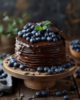 Delicious chocolate crepe cake layered with fresh blueberries and mint leaves on wooden cake stand, perfect for dessert menu, food photography and culinary blogs.
