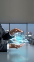 Businessman hands protecting holographic factory model with digital technology interface in modern office environment for industrial innovation concepts.