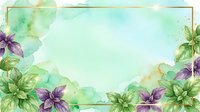 Watercolor floral frame with purple clematis flowers and green foliage on soft mint background, isolated design element for invitations, greeting cards, and decorative projects.