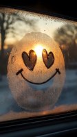 Smiley face drawn on foggy car window with heart-shaped eyes catching golden sunset light, creating atmospheric mood on condensation covered glass.