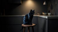 Black cat sitting on wooden stool in modern dark kitchen with pendant lighting, bowls on counter, minimalist interior design for home decor and pet lifestyle content.