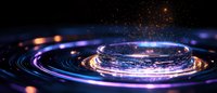 Glowing spiral of light with blue and orange energy streams creating dynamic circular motion against dark background with particles and bokeh effects.