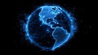 Glowing blue digital Earth with particle effect showing Americas against black background, representing global technology network.