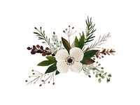 White anemone flower arrangement with eucalyptus leaves, berries and greenery on isolated background. Floral design element for wedding stationery.