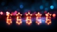 Glowing neon star shapes with orange light effect arranged in row on dark background with pink and blue bokeh lights creating magical atmosphere.