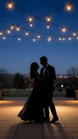 Romantic couple dancing under string lights at twilight evening celebration with starry sky backdrop for wedding or special occasion events.