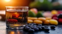 Moody cocktail glass with bourbon and ice sphere against dark background with fresh blueberries and citrus fruits creating atmospheric bar scene.