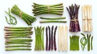 Fresh green and purple asparagus spears arranged in organized bundles on white background, ready for cooking or culinary design projects.