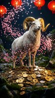 White goat with golden horns standing on coins surrounded by falling pink petals, red lanterns, and festive decorations against dark background for celebration themes.